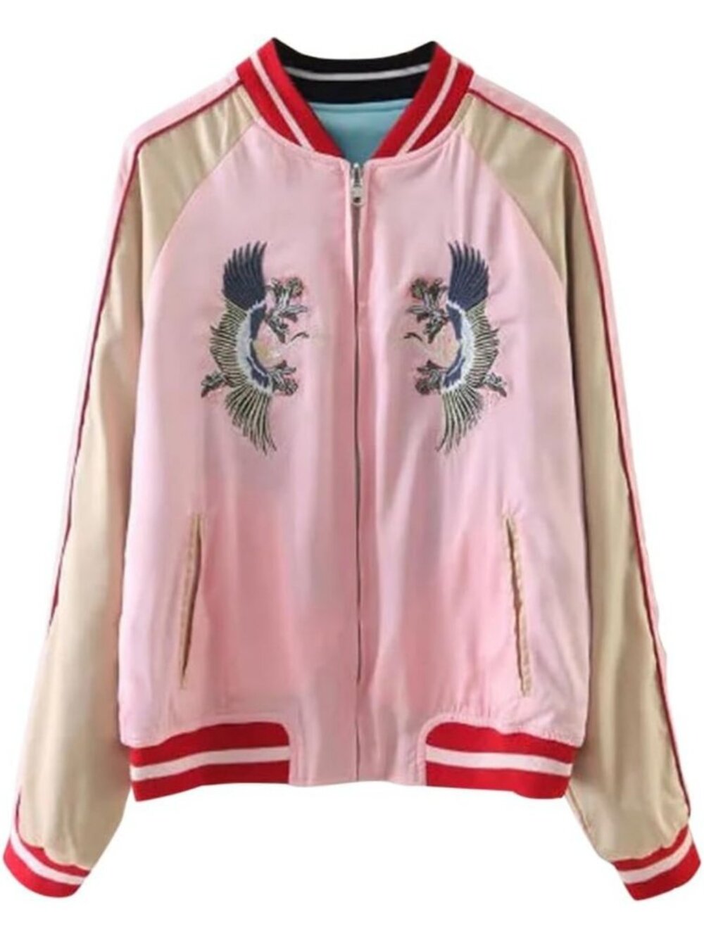 Reversible Embroidered Bomber Jacket - Japanese Style Crane & Tiger, Pink/Blue